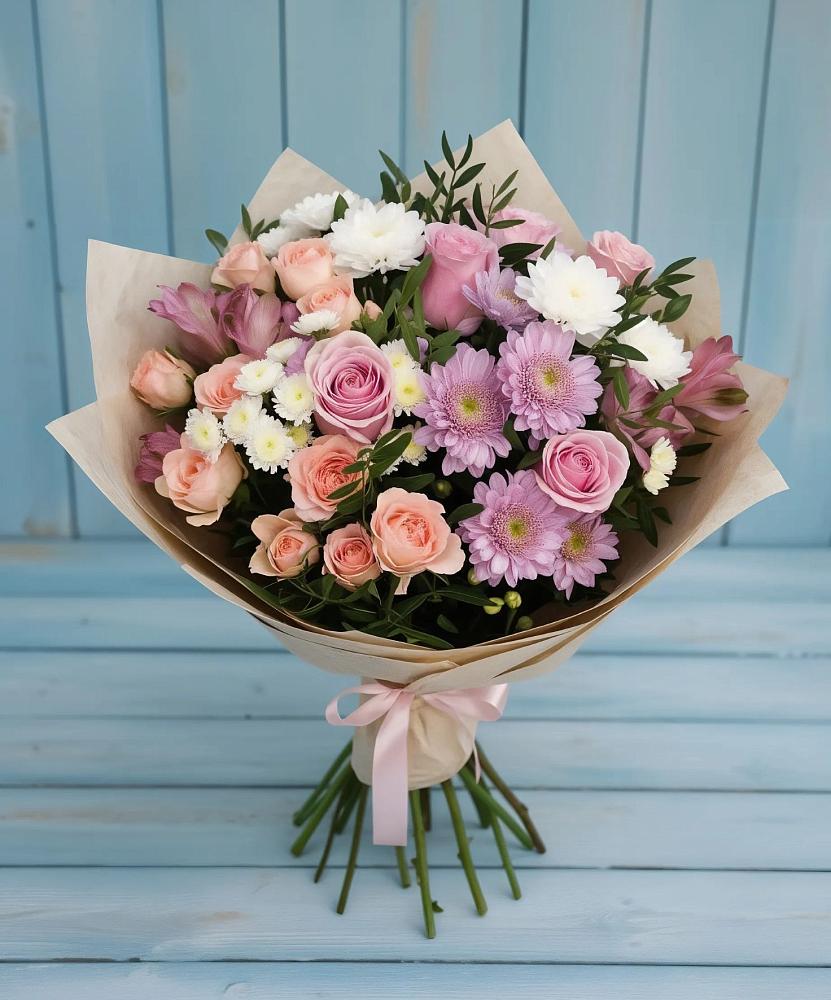 Букет цветов из: Хризантемы, Розы и Альстромерии в Лохино