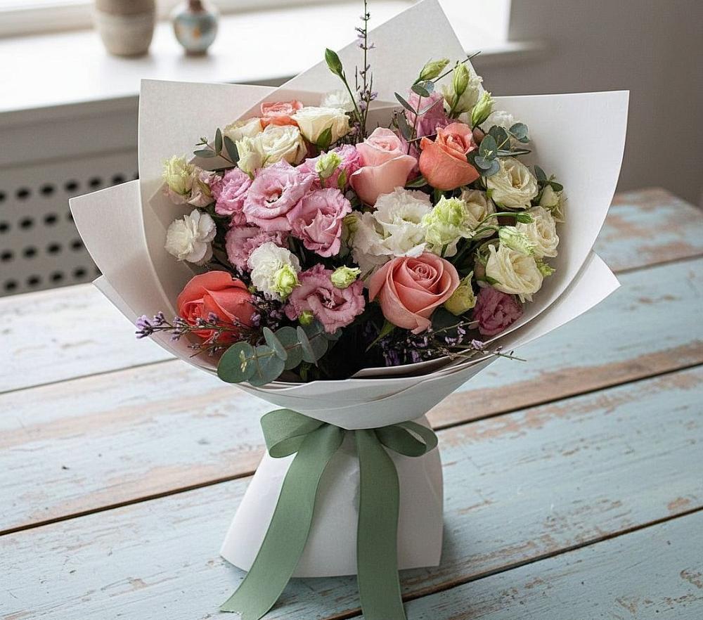 Букет цветов из: Розы, Лизиантусы и Гвоздики в Лохино