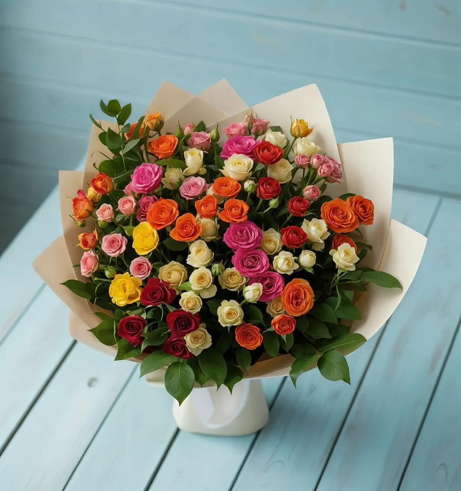 Букет Микс из разноцветных кустовых роз в Лохино